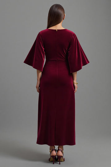 Sheath Burgundy V-Neck Velvet Formal Dress with 3/4 Sleeves